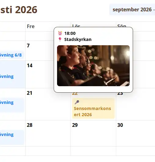 Körsångs kalender visar en pop up med information om vald konsert Körsångs kalender visar en pop up med information om vald konsert
