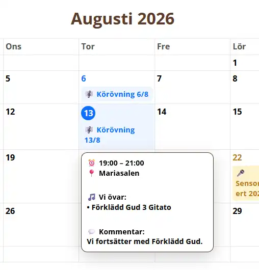 Körsångs kalender visar en pop up med information om vald körövning Körsångs kalender visar en pop up med information om vald körövning