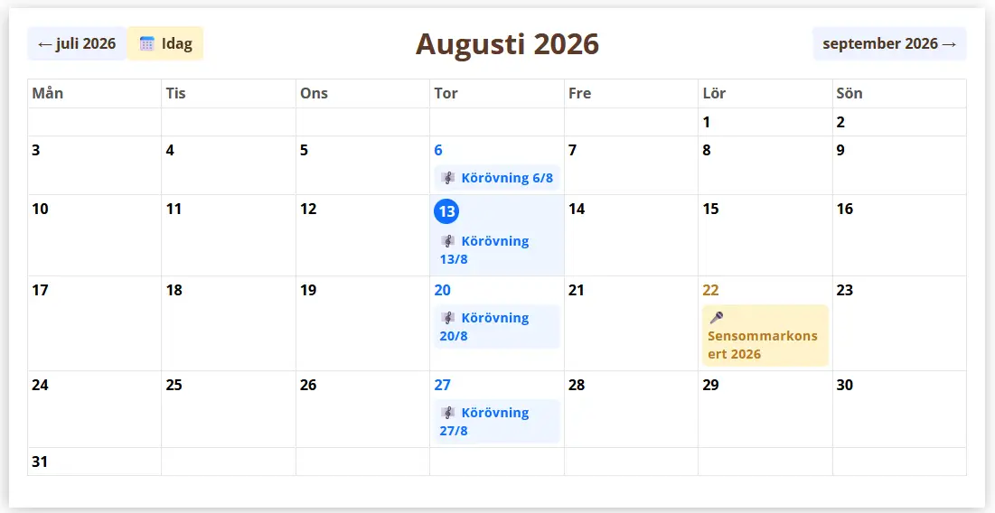 Körsångs kalender innehåller körövningar, konserter och andra aktivteter. Körsångs kalender innehåller körövningar, konserter och andra aktivteter.